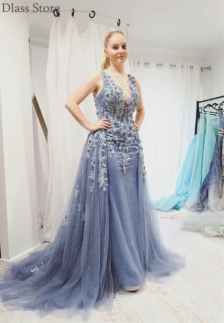 

Gray Luxury Prom Dress Tulle Sweep Train Applique Beads Sexy V-neck Sleeveless Mermaid Evening Dress robe de soirÃ©e de mariage