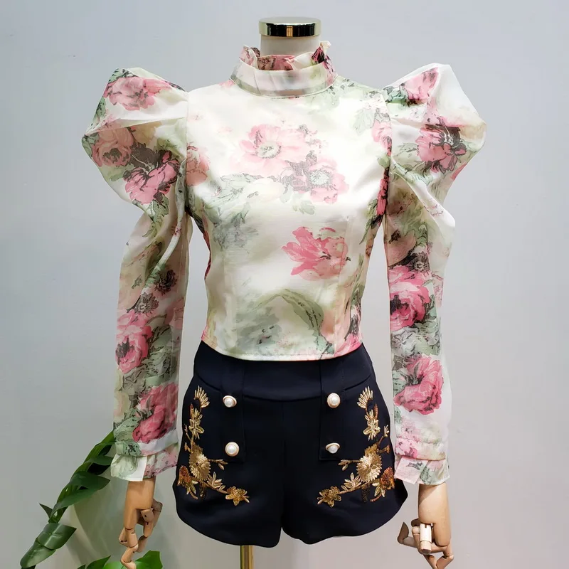 Корейская осенняя и зимняя новая шифоновая рубашка женская плиссированная расклешенная с длинными рукавами с цветочным принтом и стоячим воротником Элегантная Женская короткая рубашка