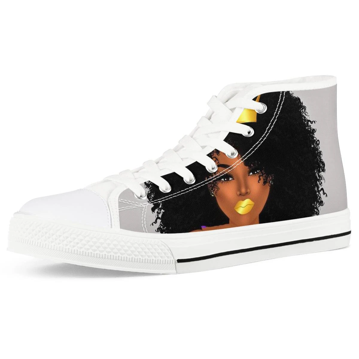 

Cusotm Print African Girls Black Art Printing Vulcanized Shoes Women Lace-up Flats Ladies High-top Canvas Shoes Female Sneakers