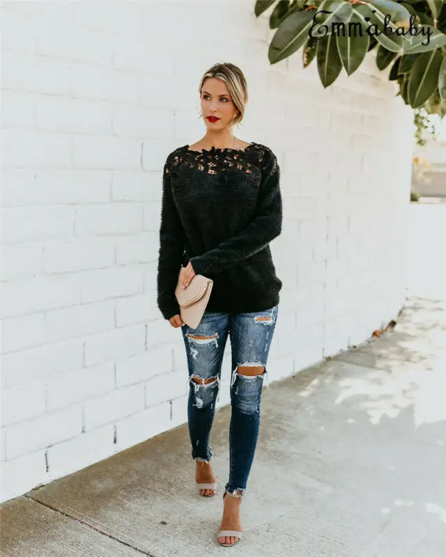 Sexy Black Lace Women Hollow Sweaters Long Sleeve Pullover Tops Sweater Ladies O Neck Jumper Hollow Out Knitwear