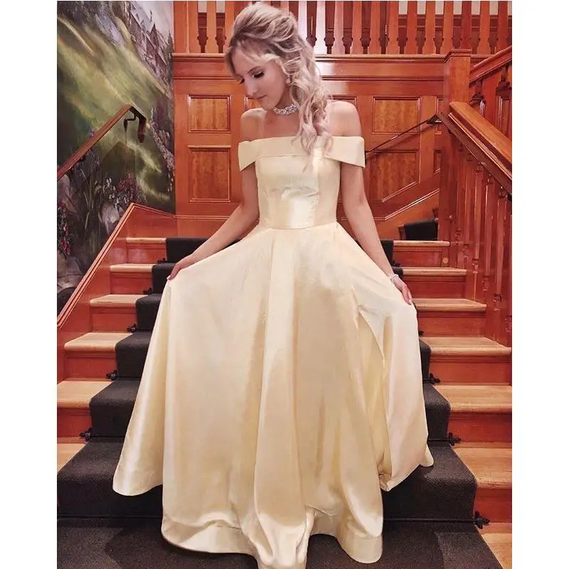 

Off the Shoulder Girls Graduation Dresses Long Yellow Satin Prom Dresses 2020 Skirt with Pockets Party Wear