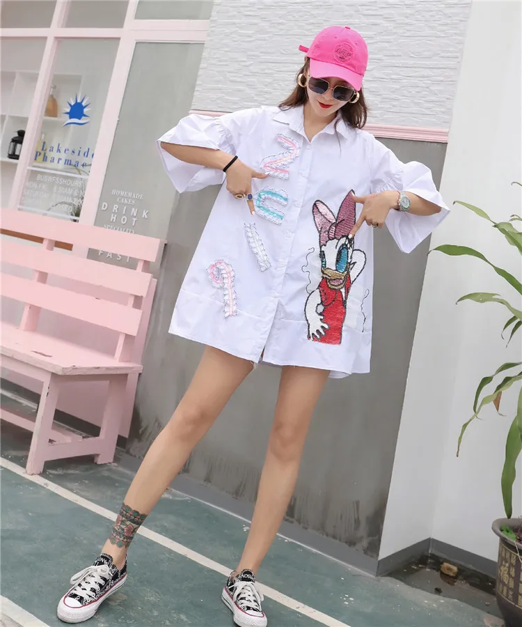 Marca nueva industria pesada lentejuelas donald duck mangas acampanadas camisa suelta camisa mujer verano