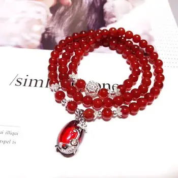 

925 Silver Natural Red Agate Lotus Fish Triple Ring Bracelet