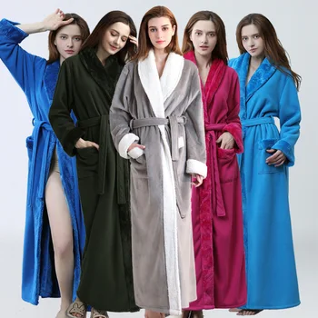 

Women Winter Plus Size Long Flannel Bathrobe Kimono Warm Pink Bath Robe Night Fur Robes Bridesmaid Dressing Gown Men Sleepwear