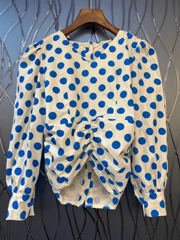 

2020 Early Autumn New Women's round Neck Circle Dot Prints Pattern Decorative Twist Long Sleeve All-match Shirt 808