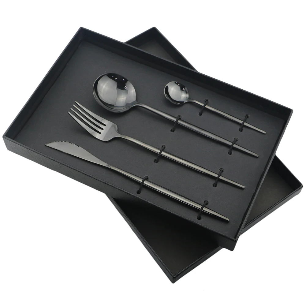 4 комплект столовых приборов, черный набор посуды из нержавеющей стали 304, набор столовых приборов, вилка, нож, ложка, столовые приборы, Роскошная Посуда из серебра с подарочной коробкой - Цвет: Black Box