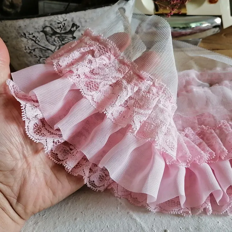 9CM Wide Three Layers Chiffon Lace Applique 3d Flowers Embroidered Fringe Ribbon Sewing Cuffs Collar Skirt Clothing Decor Lace Ribbon Lace Garment Accessories Lace Sewing Supplies