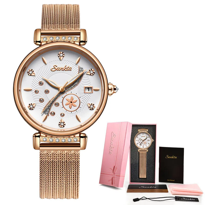 Rose gold white Новинка, женские модные часы. Креативные Женские повседневные часы. SUNKTA часы из нержавеющей стали с сетчатым ремешком. Стильные Роскошные Кварцевые часы для женщин - Цвет: Rose gold white