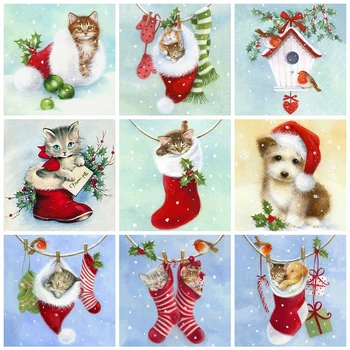 

HUACAN Diamond Painting Mosaic Christmas Socks Cross Stitch Full Square Diamond Embroidery Animal Cat Handicraft Wall Art