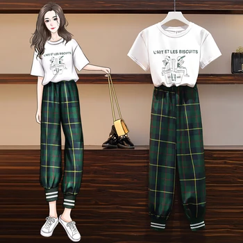 

Summer Tracksuit Women Two Piece Set Top and Plaid Pants Female Print Short Sleeve Tshirt Fashion Plus Size Harem Sets