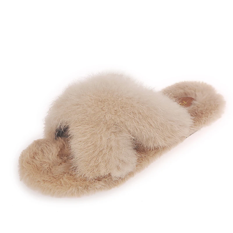 beige EOFK/Новинка года; зимние домашние Короткие Плюшевые тапочки; женские теплые домашние тапочки на плоской подошве; zapatos de mujer; Тапочки - Цвет: beige
