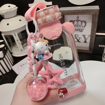 

350ml Cartoon Crystal Hello Kitty Diamond Water Bottle Kids Anti-wrestling Square Water Bottle Glass Jingle Cat Flat Water Cup