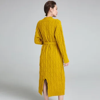 

European Fashion 2020 Autumn Elegant Sweater Dress Women Long Sleeve Knitted Belt Maxi Long Party Dresses Vestidos L2023