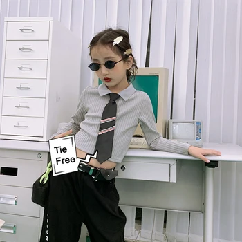 

Girl's Knitted Shirts 2020 Autumn Long Sleeve Fashion Short Shirt with Tie Cool Teenage Girls Tops