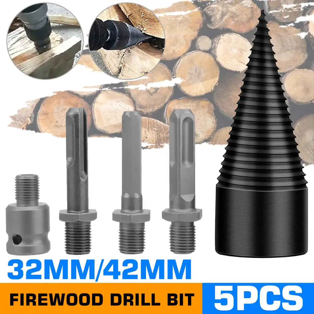 5Pcs 42mm Firewood Splitter Drill Bit Round/Hex/Triangle Shank Wood Cone Reamer Punch Driver Step Drill Bit Woodworking Tool