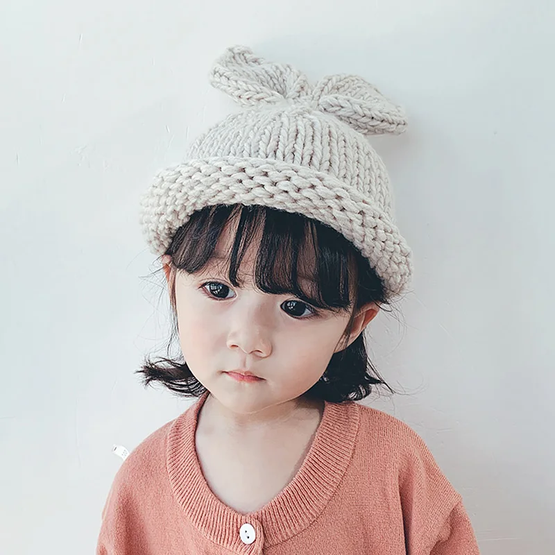 Детская теплая шапка с большими ушками для мальчиков и девочек, однотонные вязаные шапочки, шапка для малышей, эластичная шапка из полиэстера, шапка с объемными линиями