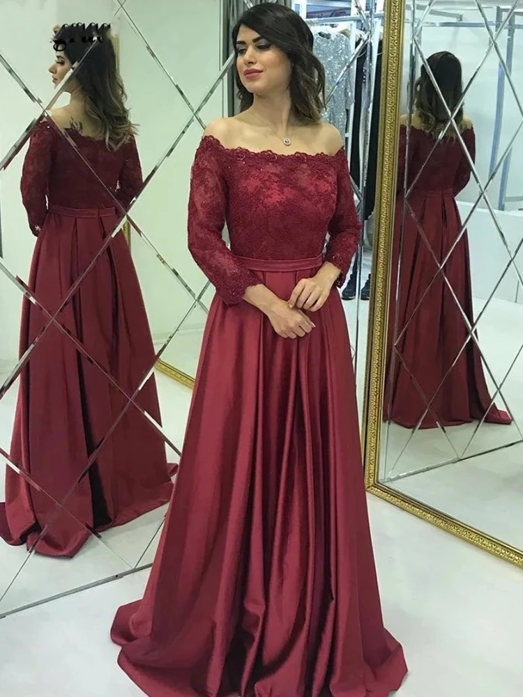 

Burgundy Lace Satin Mother of the Bride Dress Off the Shoulder Long Sleeve Wedding Party Prom Evening Gowns Women Formal