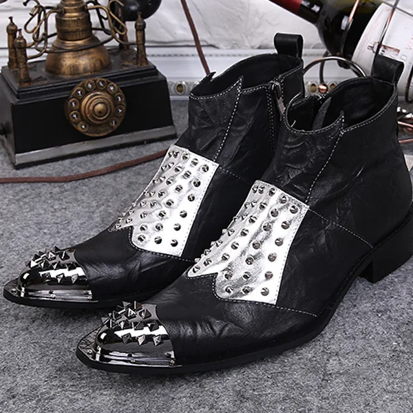 

Korean Metal Riveted Knight Trend Punk Stage Show Domineering Personality Martin Boots Botas Mujer Pointed Toe Ankle Cow Leather