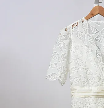 

Women White Lace Mini Dress Short Sleeve Embroidery Hollow Out V Neck Buttons Sashes Ladies Summer Lace-up Dresses Female Robe