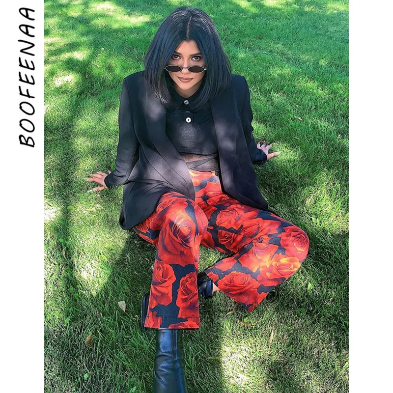 BOOFEENAA Womens Bottoms 2019 Autumn Ins Hot Red Rose Print High Waisted Straight Pants Ladys Loose Fashion Trousers C67-AB95 |