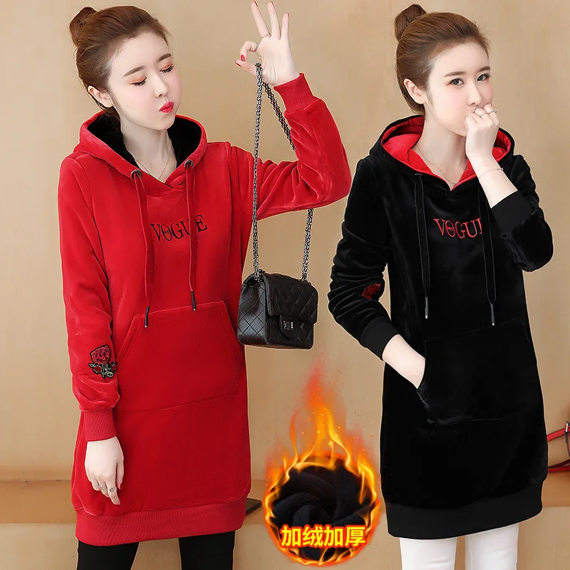 

Gold Velvet Hoodie Women's 2019 Autumn And Winter New Style Korean-style Hooded Mid-length Brushed And Thick Loose-Fit Jacket Fa