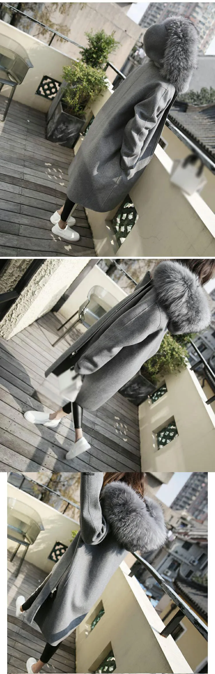 Серое меховое пальто с капюшоном, шерстяное длинное зимнее пальто, женское повседневное теплое тонкое пальто на молнии, Женская Корейская верхняя одежда Abrigos Mujer Invierno
