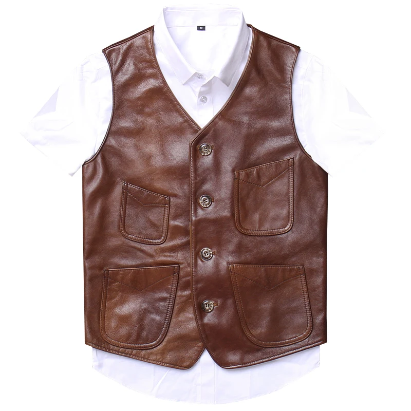 

Мужской винтажный жилет Amekaji, Байкерский жилет из натуральной воловьей кожи, жилет с несколькими карманами