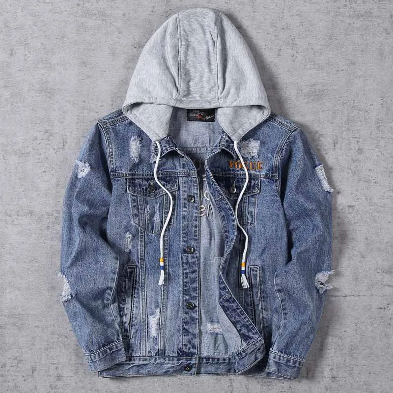 Men's Ripped Denim Jackets With Detachable Hat Back Letter Embroidery Jeans Jackets Outwear For Male Washed Size M-4XL (8)