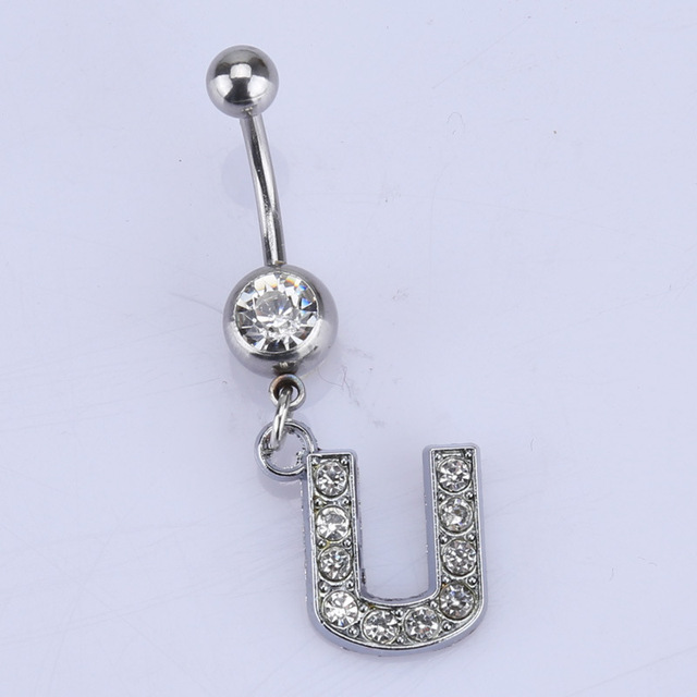 26 letter style Charming Body Piercing Crystal Rhinestone Inlaid Navel Belly Button Ring stainless steel jewelry