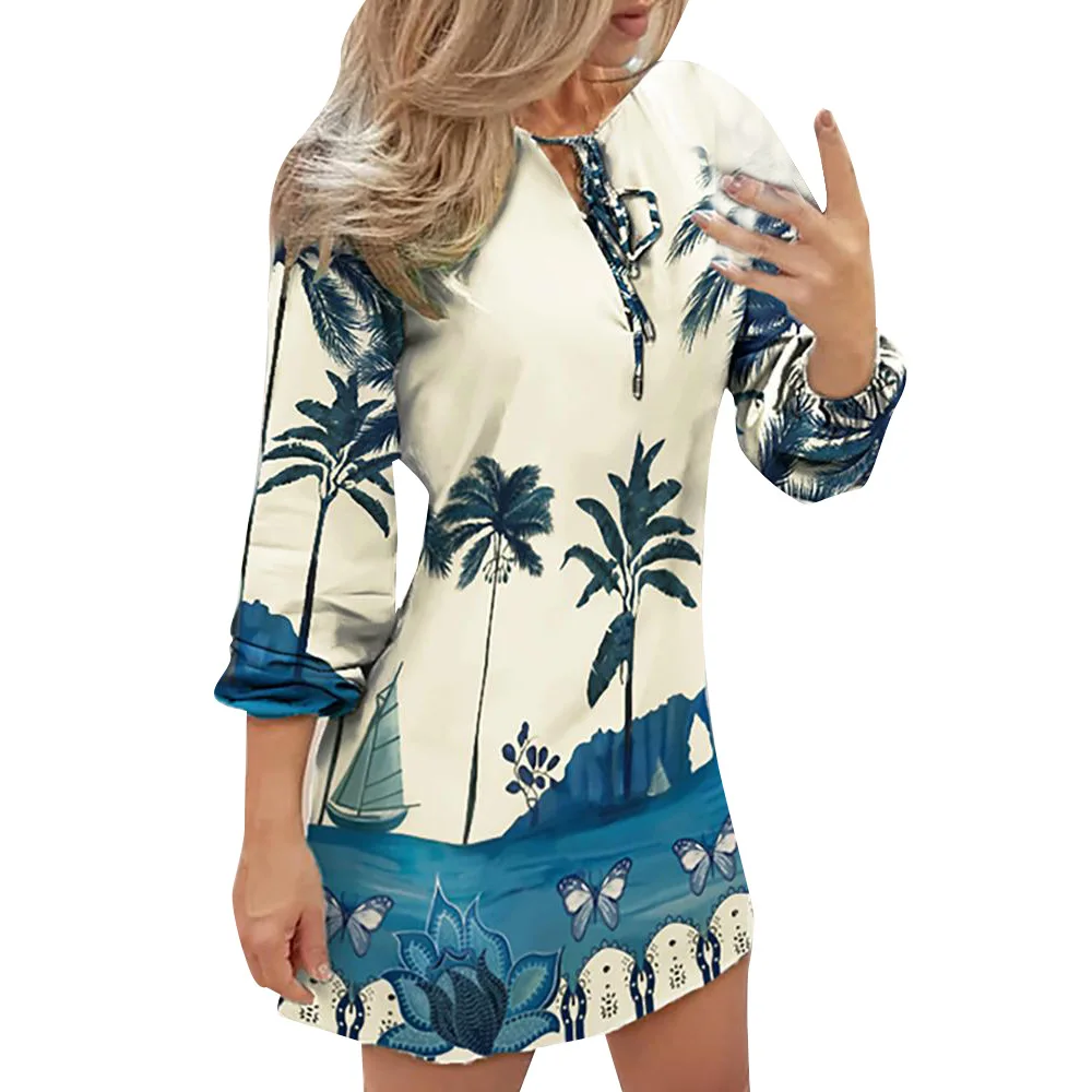 Fashion Long Sleeve Autumn Dress Butterfly Floral Printed V Neck Lace Up Casual Mini Female Dresses Vestidos