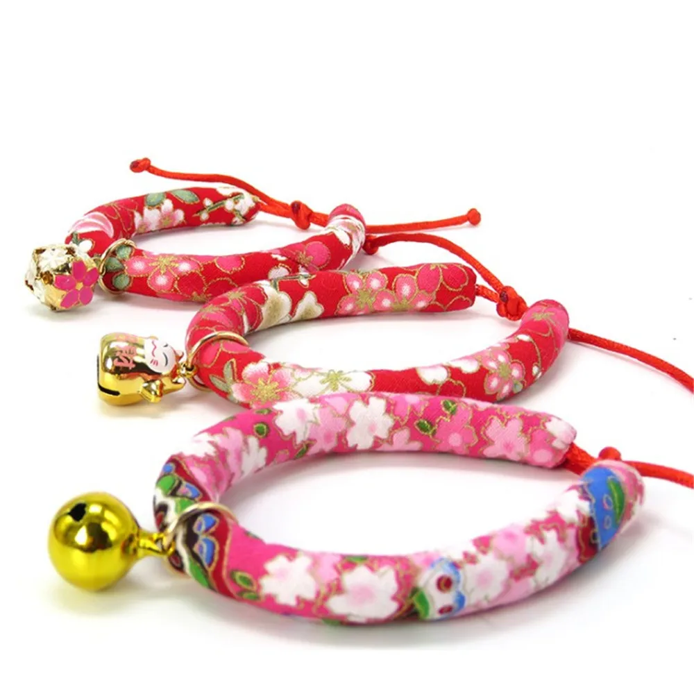 Adjustable Dog Cat Collar Japanese Style Handmade Printed Necktie Necklace With Bell for Puppy Kitten Pet Cat Accessories Adjustable Dog Cat Collar Japanese Style Handmade Printed Necktie Necklace With Bell for Puppy Kitten Pet Cat Accessories