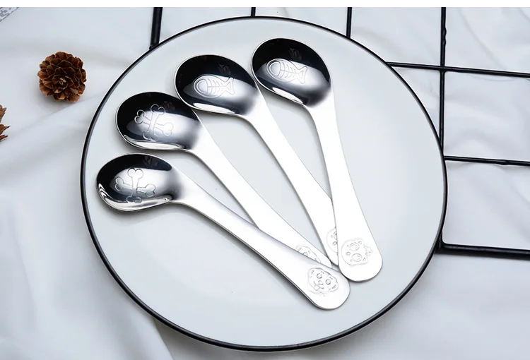 304 Stainless Steel Baby Eating Elbow Training Spoon Cartoon Pattern Creative Infant Practice Spoon
