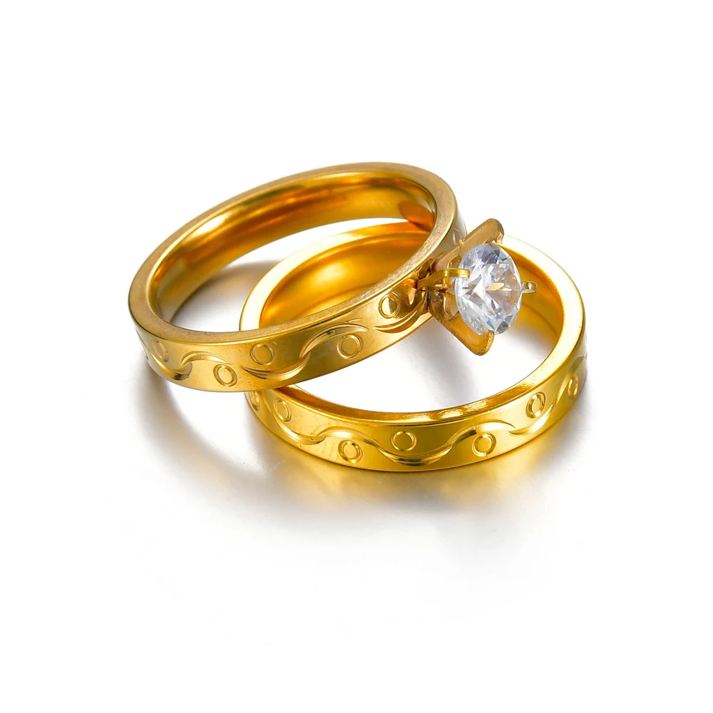 Wedding Rings for Women Men Couple Promise Band Set Crystal Stainless Steel Engagement Jewelry for Lovers 2pcs