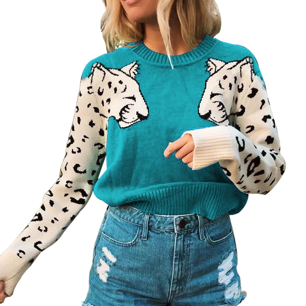 Укороченный женский свитер контрастного цвета с мозаичным леопардовым узором, рубашка с длинными рукавами, женская трикотажная Повседневная Свободная рубашка с круглым вырезом - Цвет: Blue