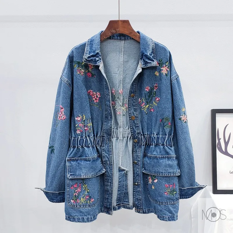 

Embroidered Denim Jacket Women Vintage Flowers Elastic Waist Mid-length Jeans Outwear Spring Autumn Harajuku Button Female Coat