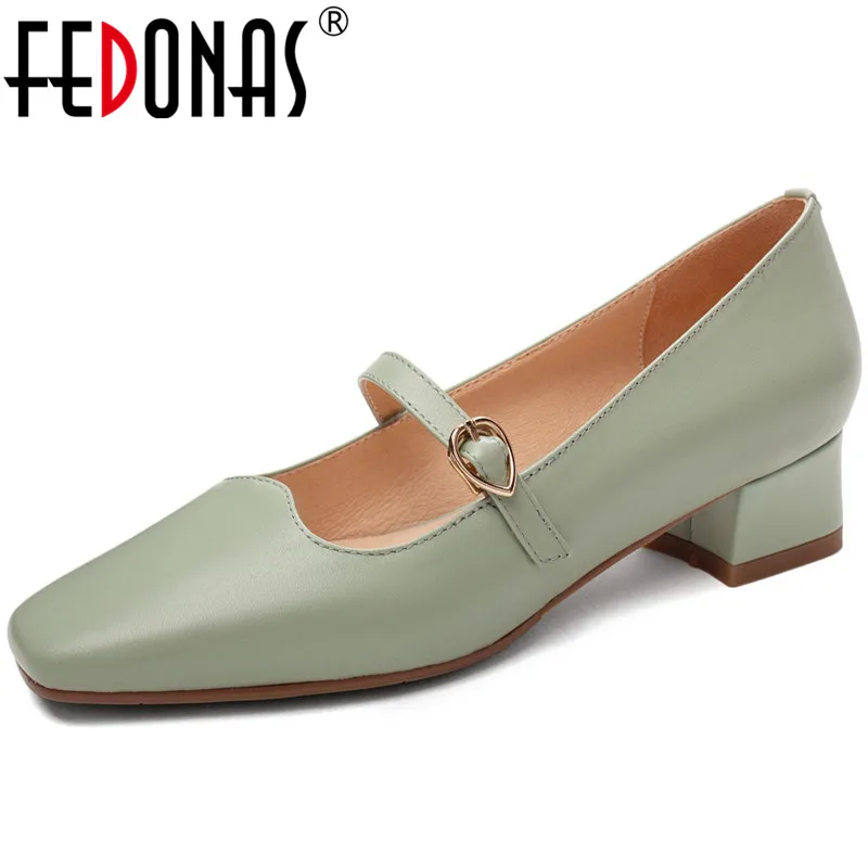 

FEDONAS Brand Design Women Thick Heeled Metal Decoration Shoes Genine Leather Consice Pumps Spring Summer Slip On Shoes Woman