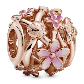 

New 925 Sterling Silver Bead Charm Openwork Pink Daisy Flower With Ladybird And Bee Beads Fit Bracelet Diy Jewelry