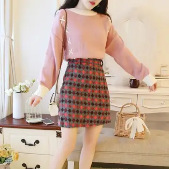 

Women Autumn Winter Two Piece Set Knitted Cross Lace-Up Sweaters And Plaid Mini Skirt Sets Lady Casual Sweet Suit