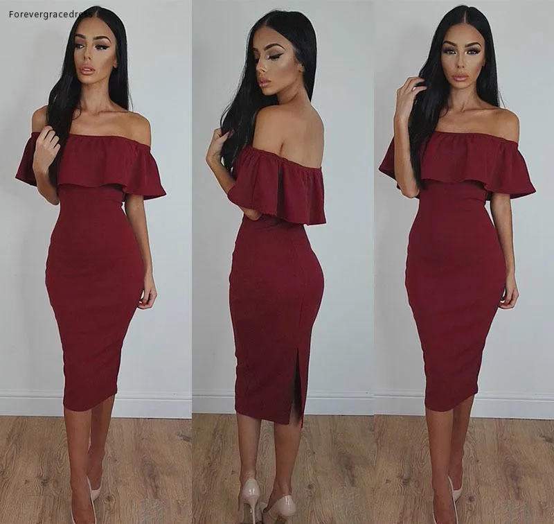 

2019 Burgundy Cocktail Dress Off Shoulder Tea Length Formal Holidays Wear Graduation Evening Party Gown Custom Made Plus Size