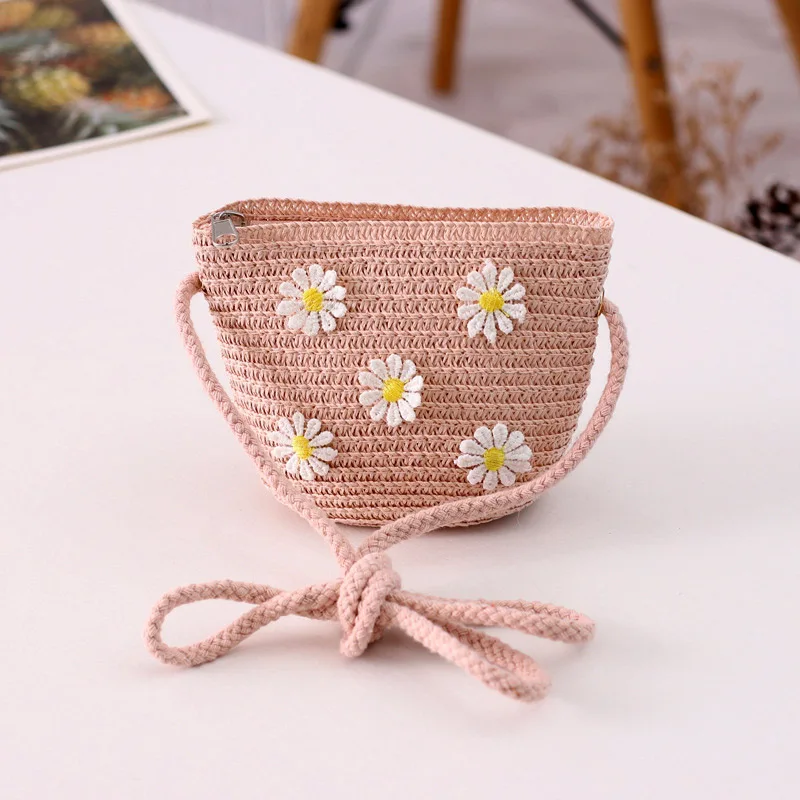 Summer Children Girls Shoulder Bag Daisy Flower Straw Messenger Kids Keys Coin Purse Princess Mini Handbag Coin Purse Coin Wallet Change Bag