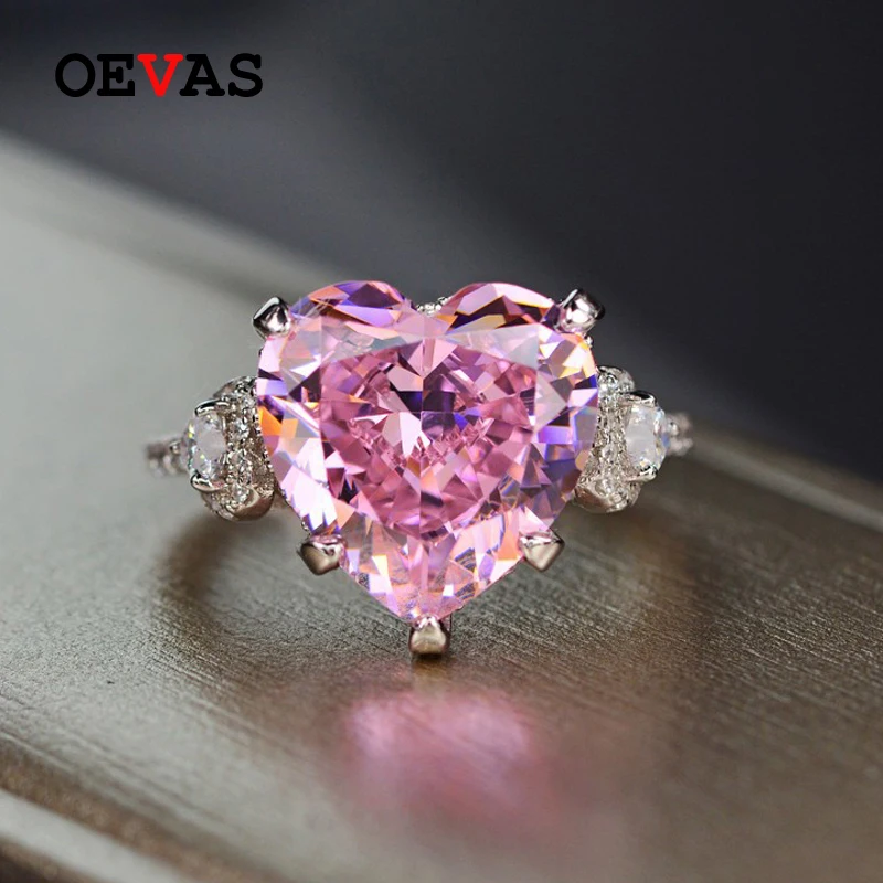 OEVAS Твердые бриллиантовые серебряные обручальные кольца 12*12 мм с розовым сердцем