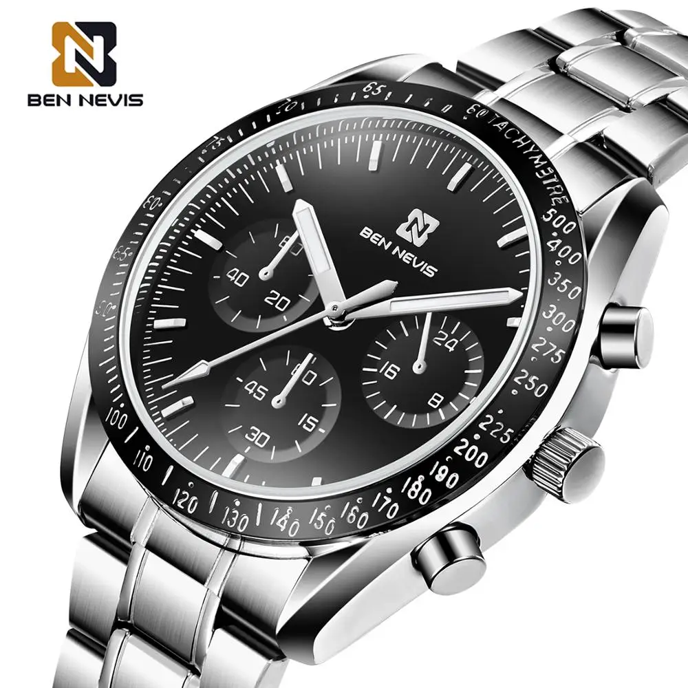 BEN NEVIS Business Watch for Men Silver Waterproof Chronos Watch Stainless Steel Strap Quartz Luminous Hands New Luxury Brand