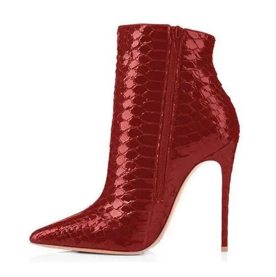 Sexy Red Python Patent Leather Ankle Boots High Heels Pointed toe Geometric Zip Runway Short Bootie Zipper Banquet Dress Shoes | Обувь