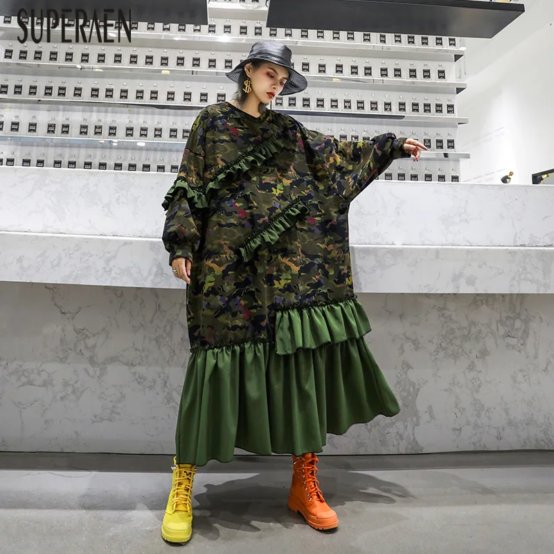 

SuperAen Long-sleeved Dress Female 2019 New Autumn Loose Pluz Size Women Dress Camouflage Ruffled Cotton Women Clothing