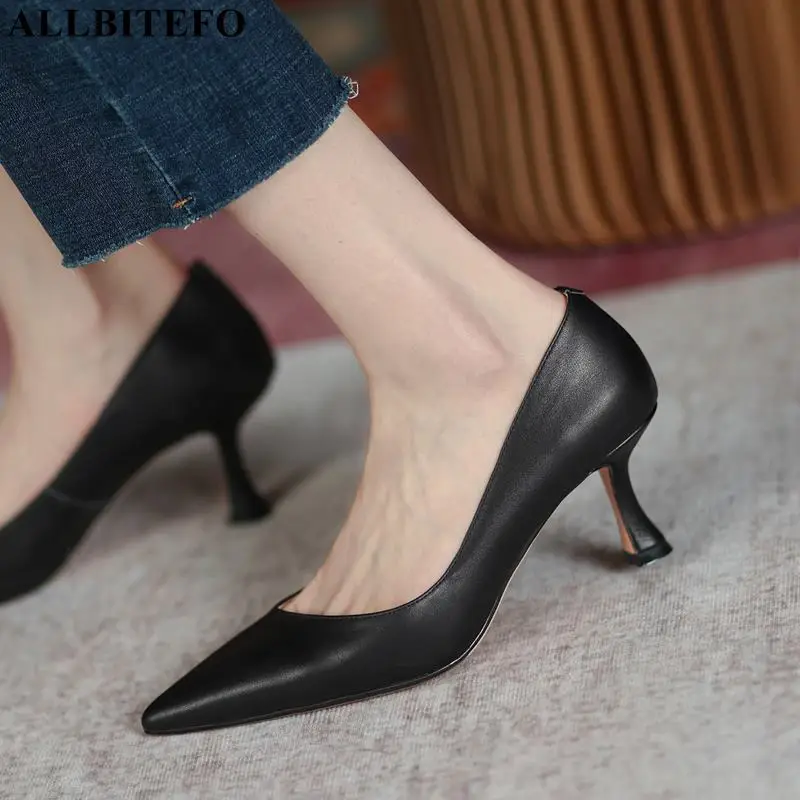 ALLBITEFO pointed toe soft genuine leather high heel shoes spring