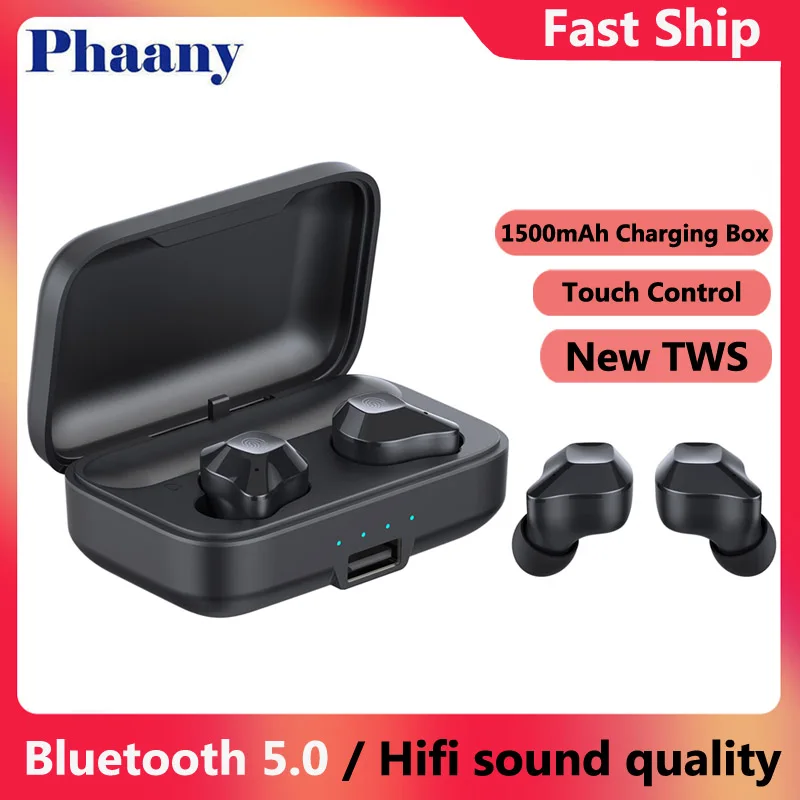 

Phaany Wireless Bluetooth TWS Earphones V5.0 Touch Control Earbuds HiFI Stereo Handsfree Talking with 1500mAh Battery