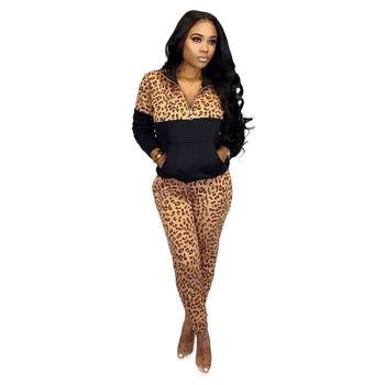 

2020 Fashion Women Tracksuit Long Pant Suit Set Spring Autumn Leopard Print PPathwork Zipper Fleece Hoodies Coat 2 Piece