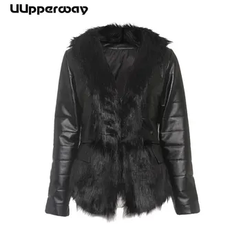 

2020 Early Spring Women Fur Collar Black Faux Leather Jackets Open Stitch Basic Coat Fashion Lady Motor Biker Jacket No Belt