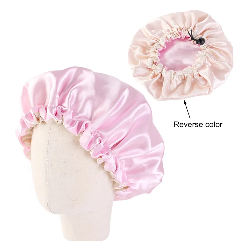Регулируемая Шапочка для сна для девочек, ночная тюрбан, детский однотонный головной убор, милая шапка, аксессуары для волос, детская шелковистая Атласная шапочка, двухслойная - Цвет: Розовый