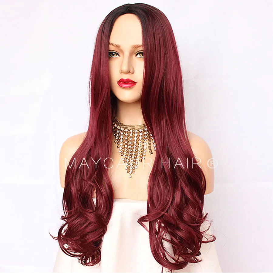 Maycaur Ombre Color Burg Red Wigs Synthetic Heat Resistant Hair Wig 4 Inch Middle Part Long Wavy Glueless Synthetic Wigs For Black Woman (6)